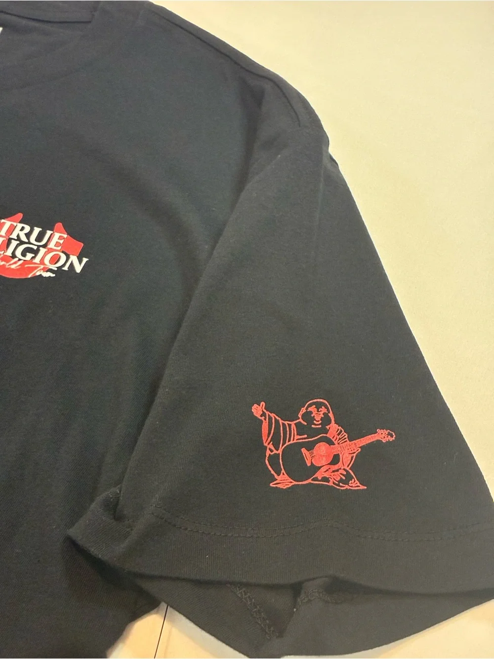 True Religion Black Tee with Red & White Globe Logo